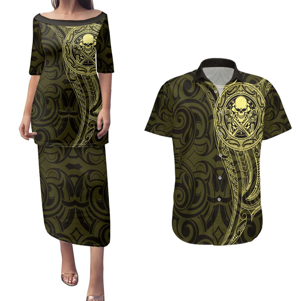 New Zealand Skull Darts Couples Matching Puletasi and Hawaiian Shirt Aotearoa Maori Chest Tattoo Stylized Gold - Aussie Hoodie