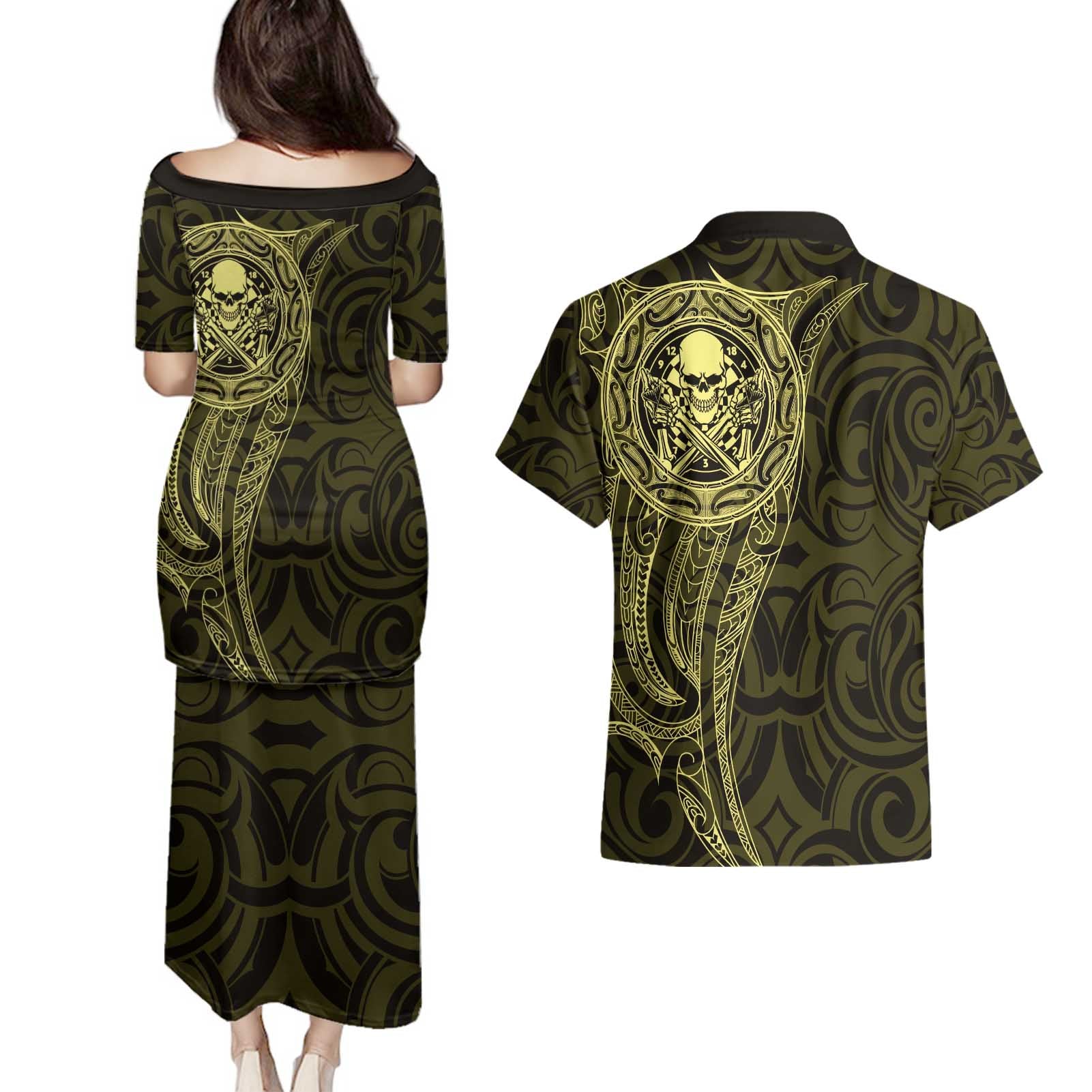 New Zealand Skull Darts Couples Matching Puletasi and Hawaiian Shirt Aotearoa Maori Chest Tattoo Stylized Gold - Aussie Hoodie
