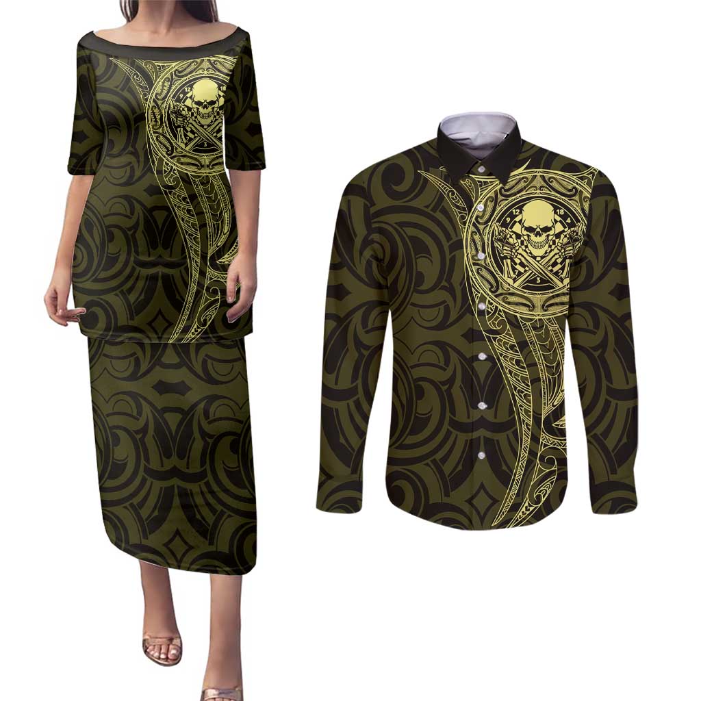 New Zealand Skull Darts Couples Matching Puletasi and Long Sleeve Button Shirt Aotearoa Maori Chest Tattoo Stylized Gold - Aussie Hoodie