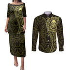 New Zealand Skull Darts Couples Matching Puletasi and Long Sleeve Button Shirt Aotearoa Maori Chest Tattoo Stylized Gold - Aussie Hoodie