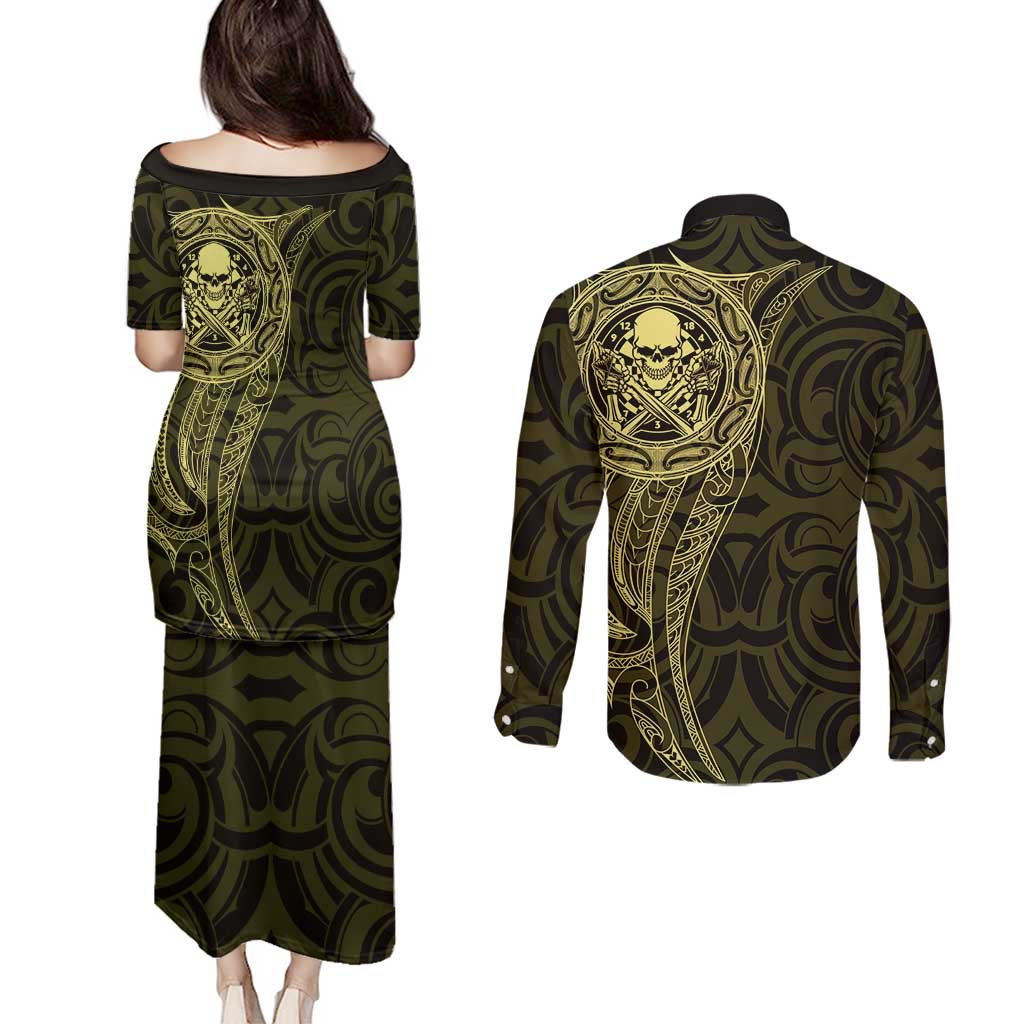 New Zealand Skull Darts Couples Matching Puletasi and Long Sleeve Button Shirt Aotearoa Maori Chest Tattoo Stylized Gold - Aussie Hoodie