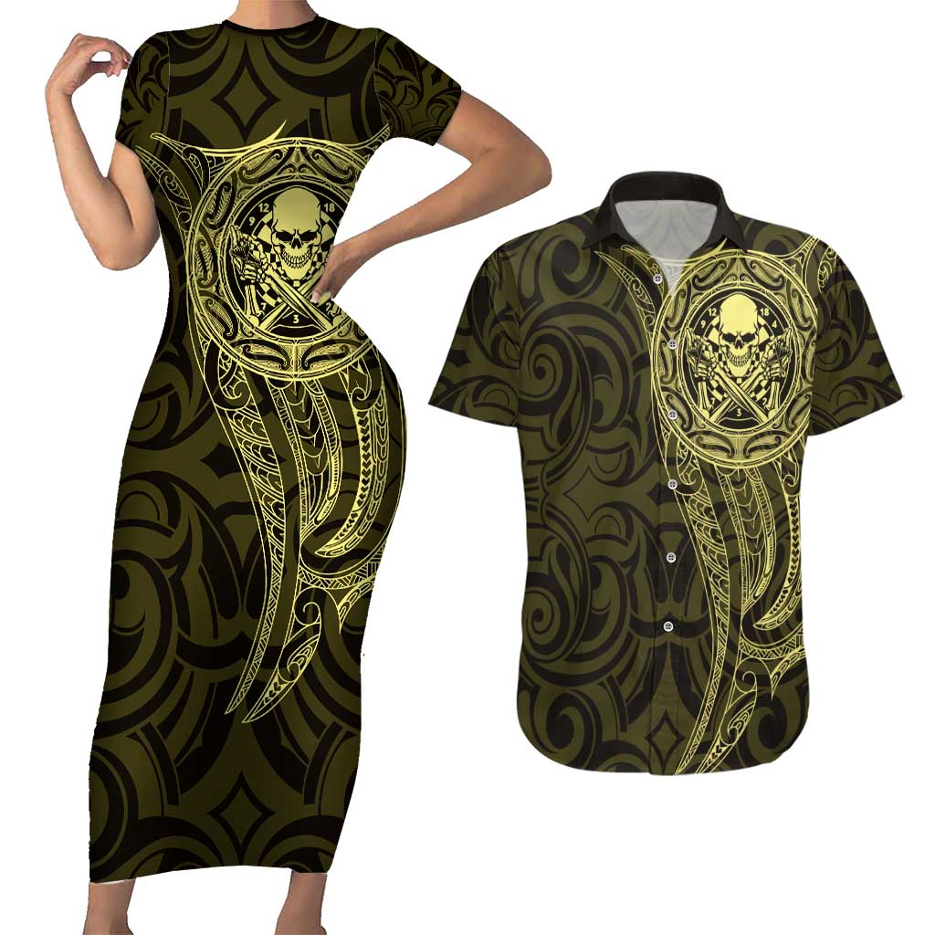 New Zealand Skull Darts Couples Matching Short Sleeve Bodycon Dress and Hawaiian Shirt Aotearoa Maori Chest Tattoo Stylized Gold - Aussie Hoodie
