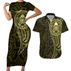 New Zealand Skull Darts Couples Matching Short Sleeve Bodycon Dress and Hawaiian Shirt Aotearoa Maori Chest Tattoo Stylized Gold - Aussie Hoodie