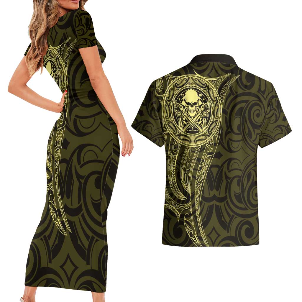 New Zealand Skull Darts Couples Matching Short Sleeve Bodycon Dress and Hawaiian Shirt Aotearoa Maori Chest Tattoo Stylized Gold - Aussie Hoodie