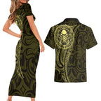 New Zealand Skull Darts Couples Matching Short Sleeve Bodycon Dress and Hawaiian Shirt Aotearoa Maori Chest Tattoo Stylized Gold - Aussie Hoodie