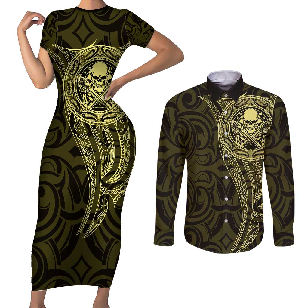 New Zealand Skull Darts Couples Matching Short Sleeve Bodycon Dress and Long Sleeve Button Shirt Aotearoa Maori Chest Tattoo Stylized Gold - Aussie Hoodie