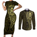 New Zealand Skull Darts Couples Matching Short Sleeve Bodycon Dress and Long Sleeve Button Shirt Aotearoa Maori Chest Tattoo Stylized Gold - Aussie Hoodie