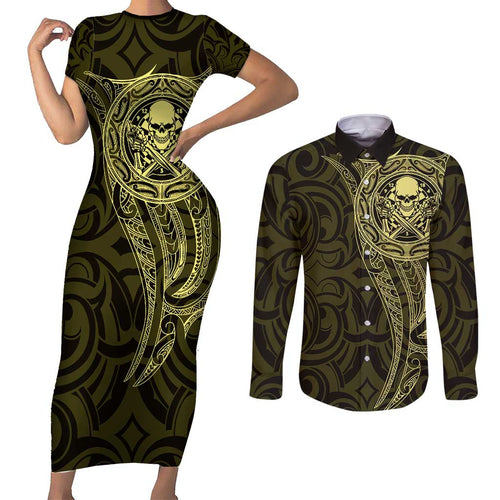 New Zealand Skull Darts Couples Matching Short Sleeve Bodycon Dress and Long Sleeve Button Shirt Aotearoa Maori Chest Tattoo Stylized Gold - Aussie Hoodie