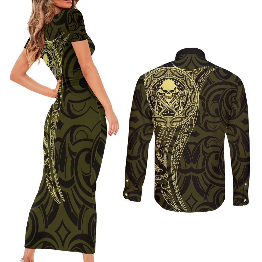New Zealand Skull Darts Couples Matching Short Sleeve Bodycon Dress and Long Sleeve Button Shirt Aotearoa Maori Chest Tattoo Stylized Gold - Aussie Hoodie