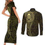 New Zealand Skull Darts Couples Matching Short Sleeve Bodycon Dress and Long Sleeve Button Shirt Aotearoa Maori Chest Tattoo Stylized Gold - Aussie Hoodie