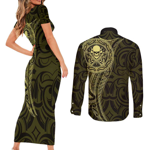 New Zealand Skull Darts Couples Matching Short Sleeve Bodycon Dress and Long Sleeve Button Shirt Aotearoa Maori Chest Tattoo Stylized Gold - Aussie Hoodie