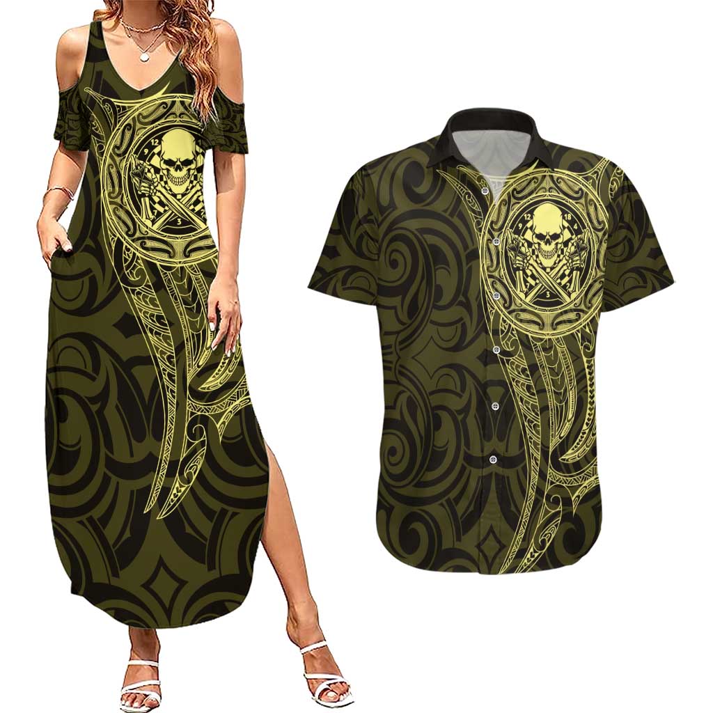 New Zealand Skull Darts Couples Matching Summer Maxi Dress and Hawaiian Shirt Aotearoa Maori Chest Tattoo Stylized Gold - Aussie Hoodie