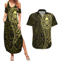 New Zealand Skull Darts Couples Matching Summer Maxi Dress and Hawaiian Shirt Aotearoa Maori Chest Tattoo Stylized Gold - Aussie Hoodie