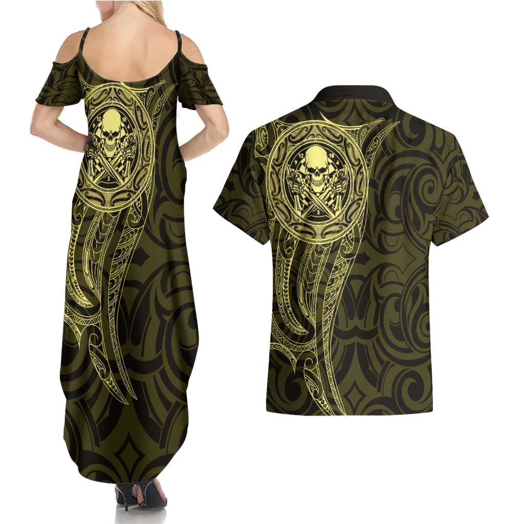 New Zealand Skull Darts Couples Matching Summer Maxi Dress and Hawaiian Shirt Aotearoa Maori Chest Tattoo Stylized Gold - Aussie Hoodie