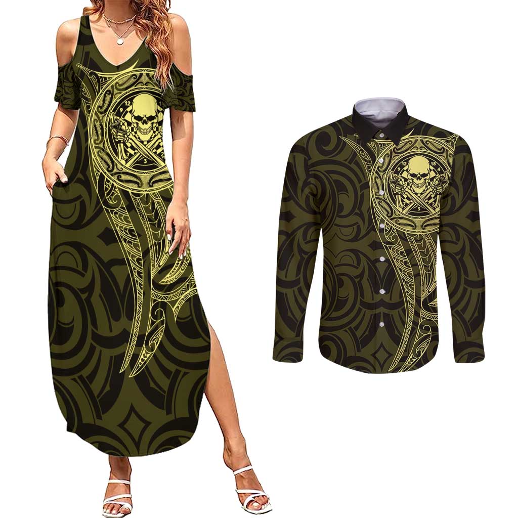 New Zealand Skull Darts Couples Matching Summer Maxi Dress and Long Sleeve Button Shirt Aotearoa Maori Chest Tattoo Stylized Gold - Aussie Hoodie