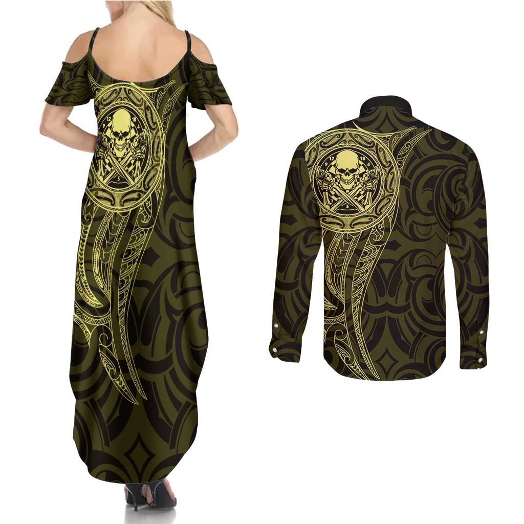 New Zealand Skull Darts Couples Matching Summer Maxi Dress and Long Sleeve Button Shirt Aotearoa Maori Chest Tattoo Stylized Gold - Aussie Hoodie