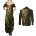 New Zealand Skull Darts Couples Matching Summer Maxi Dress and Long Sleeve Button Shirt Aotearoa Maori Chest Tattoo Stylized Gold - Aussie Hoodie