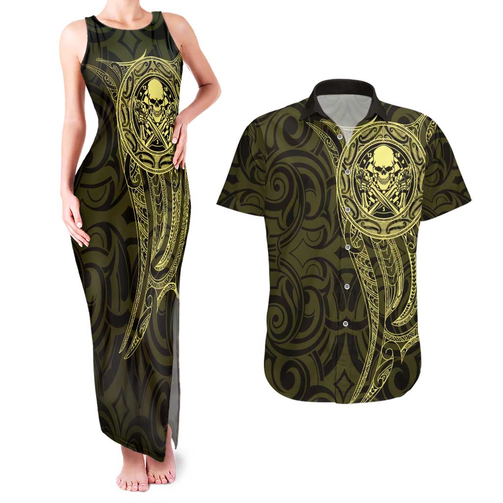 New Zealand Skull Darts Couples Matching Tank Maxi Dress and Hawaiian Shirt Aotearoa Maori Chest Tattoo Stylized Gold - Aussie Hoodie