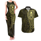 New Zealand Skull Darts Couples Matching Tank Maxi Dress and Hawaiian Shirt Aotearoa Maori Chest Tattoo Stylized Gold - Aussie Hoodie
