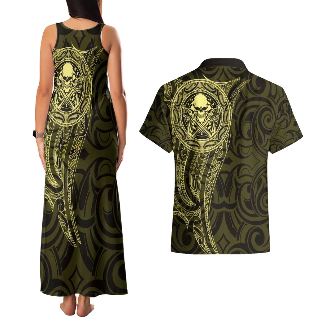 New Zealand Skull Darts Couples Matching Tank Maxi Dress and Hawaiian Shirt Aotearoa Maori Chest Tattoo Stylized Gold - Aussie Hoodie