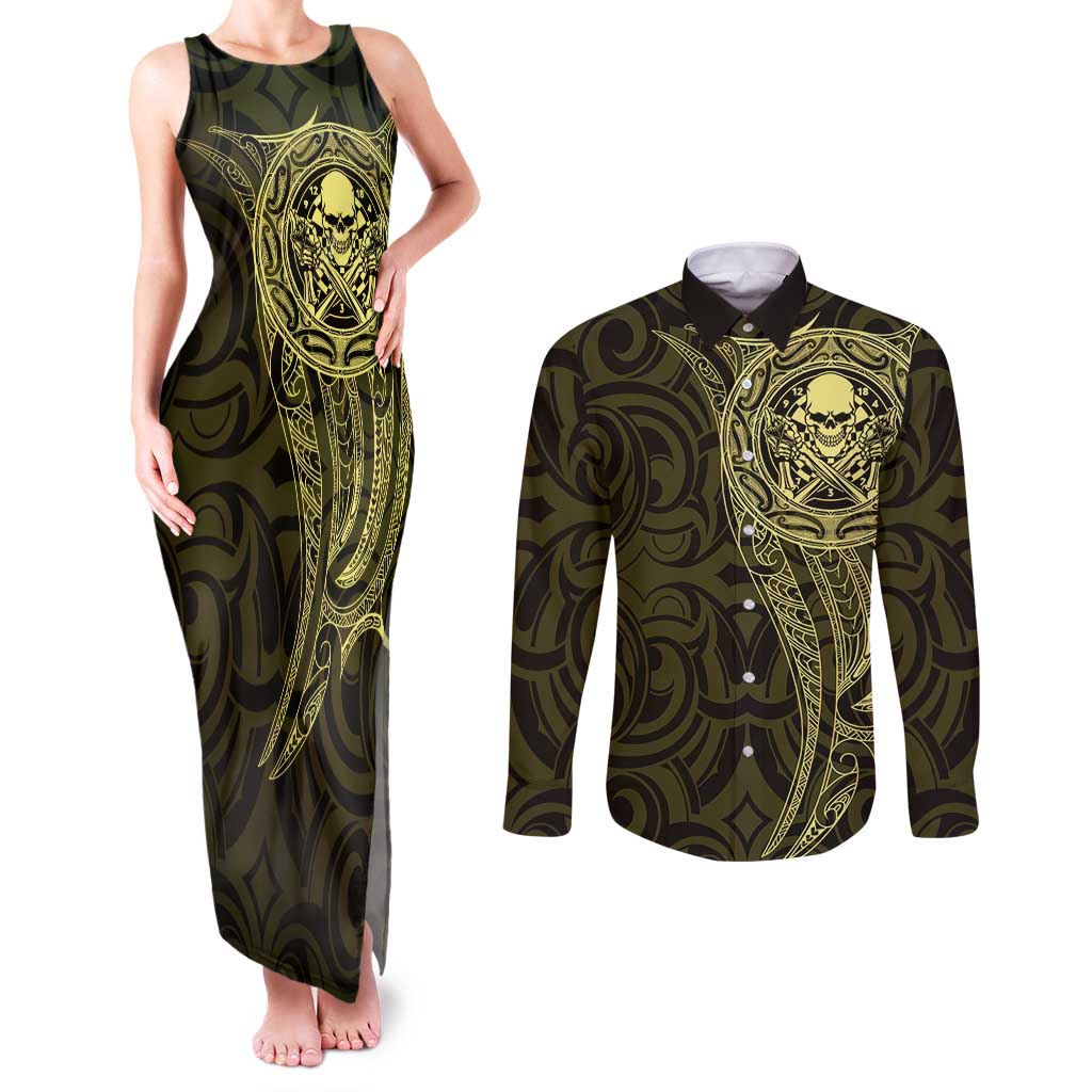 New Zealand Skull Darts Couples Matching Tank Maxi Dress and Long Sleeve Button Shirt Aotearoa Maori Chest Tattoo Stylized Gold - Aussie Hoodie