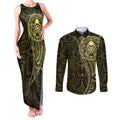 New Zealand Skull Darts Couples Matching Tank Maxi Dress and Long Sleeve Button Shirt Aotearoa Maori Chest Tattoo Stylized Gold - Aussie Hoodie