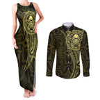 New Zealand Skull Darts Couples Matching Tank Maxi Dress and Long Sleeve Button Shirt Aotearoa Maori Chest Tattoo Stylized Gold - Aussie Hoodie