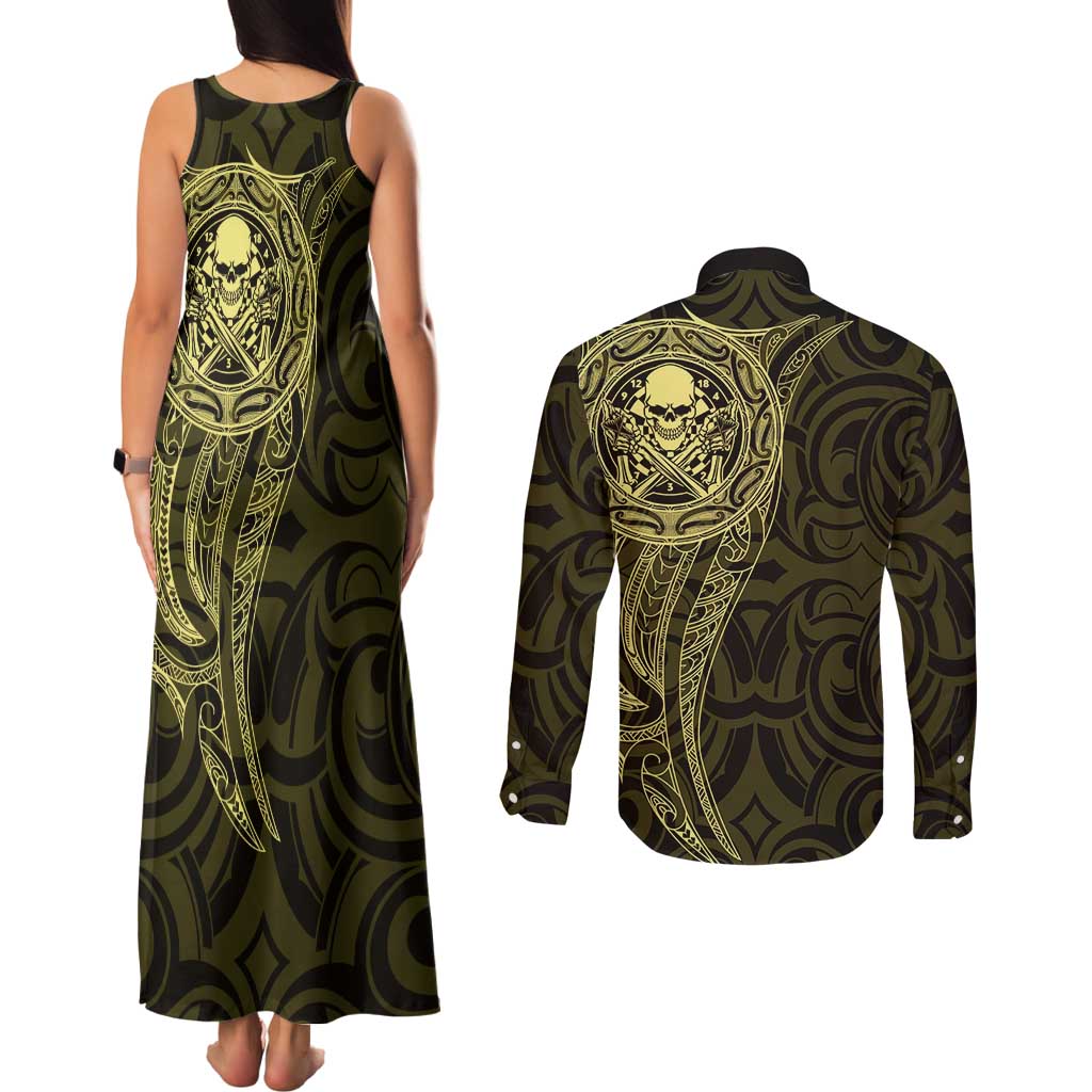 New Zealand Skull Darts Couples Matching Tank Maxi Dress and Long Sleeve Button Shirt Aotearoa Maori Chest Tattoo Stylized Gold - Aussie Hoodie