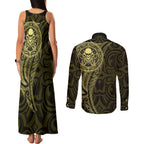 New Zealand Skull Darts Couples Matching Tank Maxi Dress and Long Sleeve Button Shirt Aotearoa Maori Chest Tattoo Stylized Gold - Aussie Hoodie