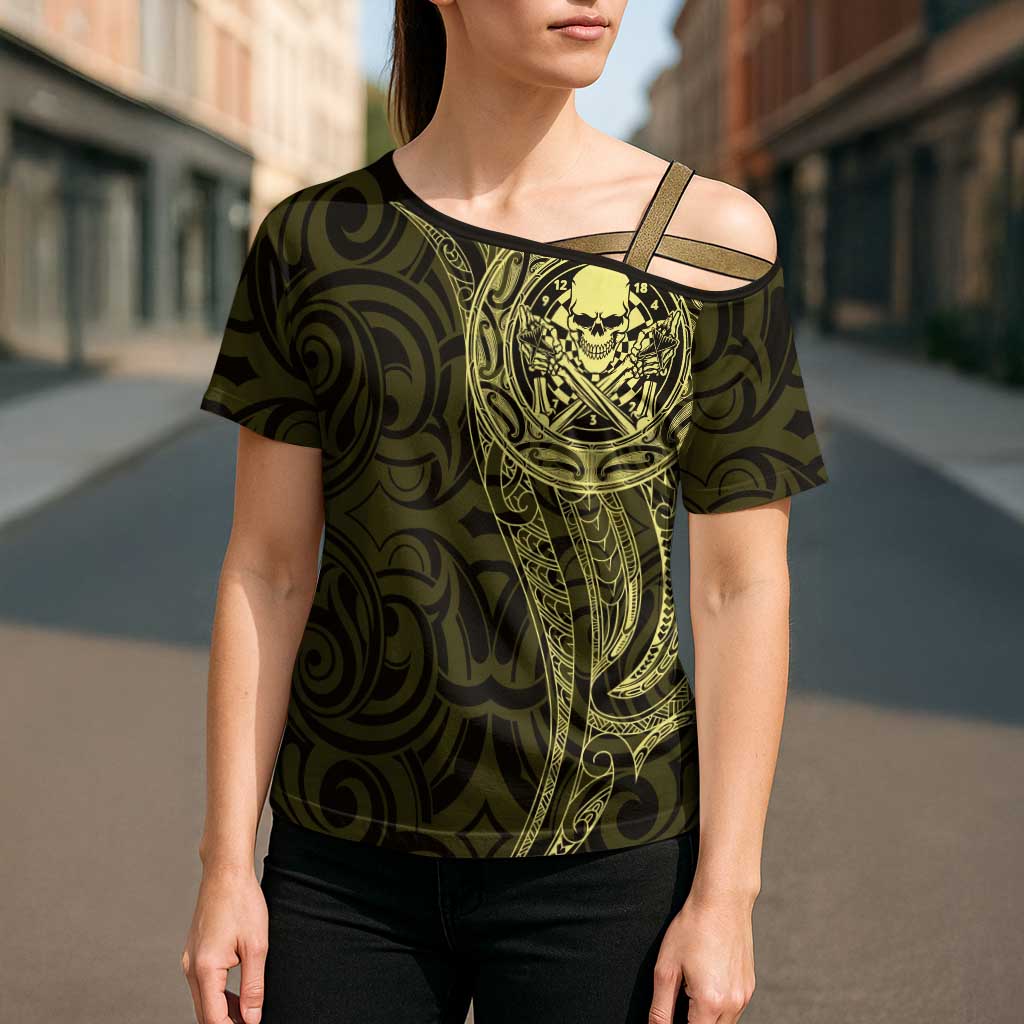New Zealand Skull Darts Cross Shoulder Shirt Aotearoa Maori Chest Tattoo Stylized Gold - Aussie Hoodie