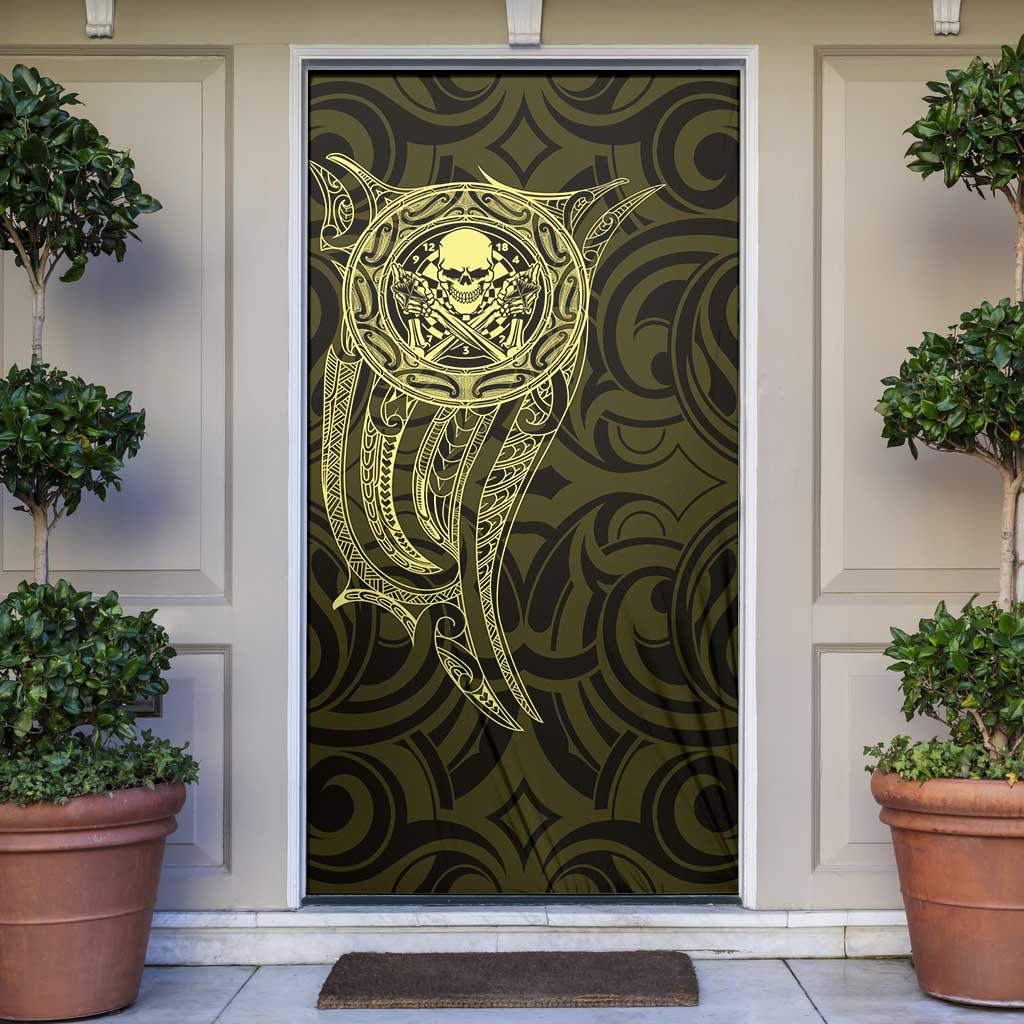 New Zealand Skull Darts Door Cover Aotearoa Maori Chest Tattoo Stylized Gold - Aussie Hoodie
