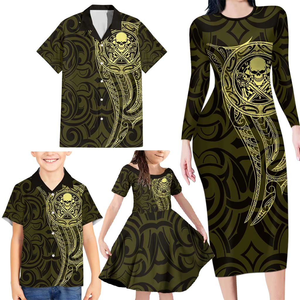 New Zealand Skull Darts Family Matching Long Sleeve Bodycon Dress and Hawaiian Shirt Aotearoa Maori Chest Tattoo Stylized Gold - Aussie Hoodie
