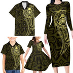 New Zealand Skull Darts Family Matching Long Sleeve Bodycon Dress and Hawaiian Shirt Aotearoa Maori Chest Tattoo Stylized Gold - Aussie Hoodie