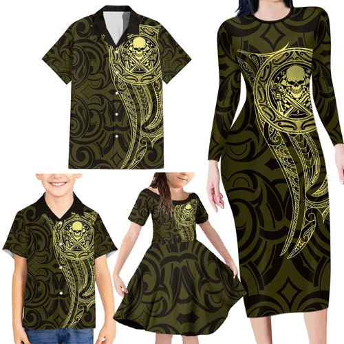 New Zealand Skull Darts Family Matching Long Sleeve Bodycon Dress and Hawaiian Shirt Aotearoa Maori Chest Tattoo Stylized Gold - Aussie Hoodie