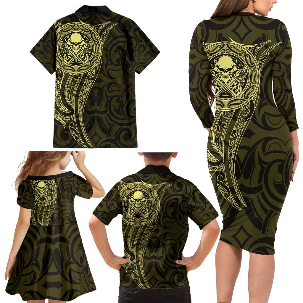 New Zealand Skull Darts Family Matching Long Sleeve Bodycon Dress and Hawaiian Shirt Aotearoa Maori Chest Tattoo Stylized Gold - Aussie Hoodie