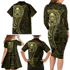 New Zealand Skull Darts Family Matching Long Sleeve Bodycon Dress and Hawaiian Shirt Aotearoa Maori Chest Tattoo Stylized Gold - Aussie Hoodie