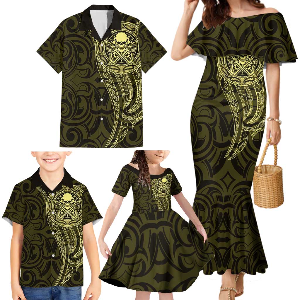 New Zealand Skull Darts Family Matching Mermaid Dress and Hawaiian Shirt Aotearoa Maori Chest Tattoo Stylized Gold - Aussie Hoodie