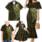New Zealand Skull Darts Family Matching Mermaid Dress and Hawaiian Shirt Aotearoa Maori Chest Tattoo Stylized Gold - Aussie Hoodie