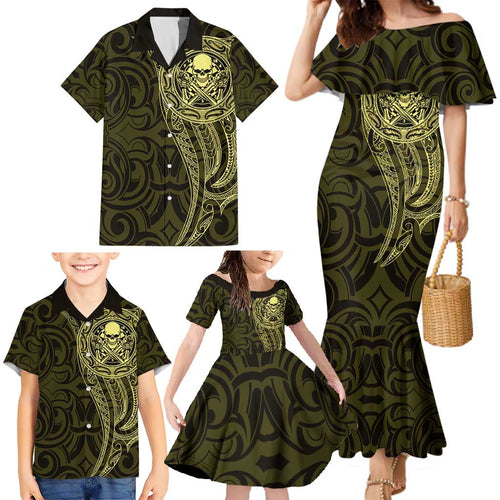 New Zealand Skull Darts Family Matching Mermaid Dress and Hawaiian Shirt Aotearoa Maori Chest Tattoo Stylized Gold - Aussie Hoodie