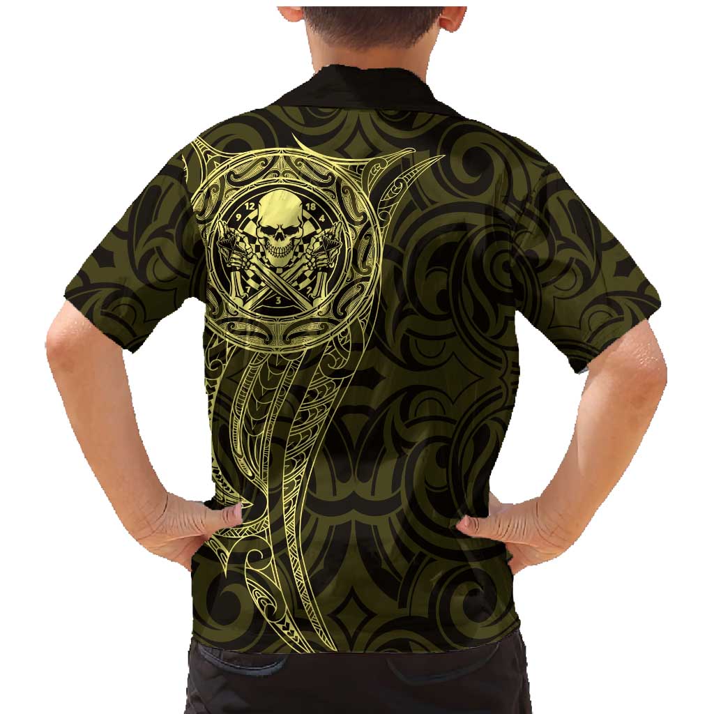 New Zealand Skull Darts Family Matching Mermaid Dress and Hawaiian Shirt Aotearoa Maori Chest Tattoo Stylized Gold - Aussie Hoodie