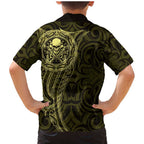 New Zealand Skull Darts Family Matching Mermaid Dress and Hawaiian Shirt Aotearoa Maori Chest Tattoo Stylized Gold - Aussie Hoodie