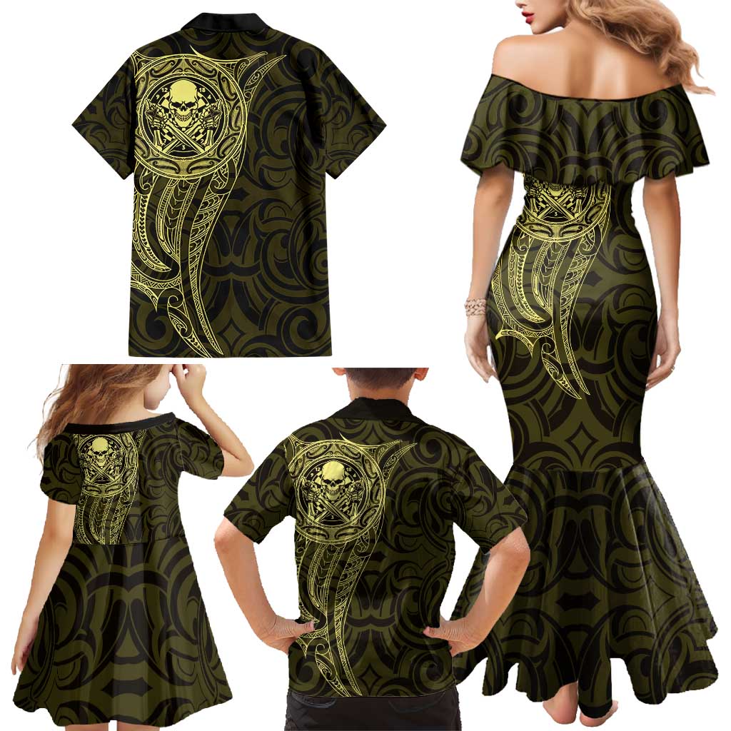 New Zealand Skull Darts Family Matching Mermaid Dress and Hawaiian Shirt Aotearoa Maori Chest Tattoo Stylized Gold - Aussie Hoodie
