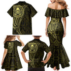 New Zealand Skull Darts Family Matching Mermaid Dress and Hawaiian Shirt Aotearoa Maori Chest Tattoo Stylized Gold - Aussie Hoodie