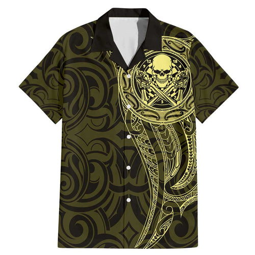 New Zealand Skull Darts Family Matching Mermaid Dress and Hawaiian Shirt Aotearoa Maori Chest Tattoo Stylized Gold - Aussie Hoodie