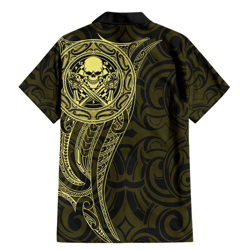 New Zealand Skull Darts Family Matching Mermaid Dress and Hawaiian Shirt Aotearoa Maori Chest Tattoo Stylized Gold - Aussie Hoodie