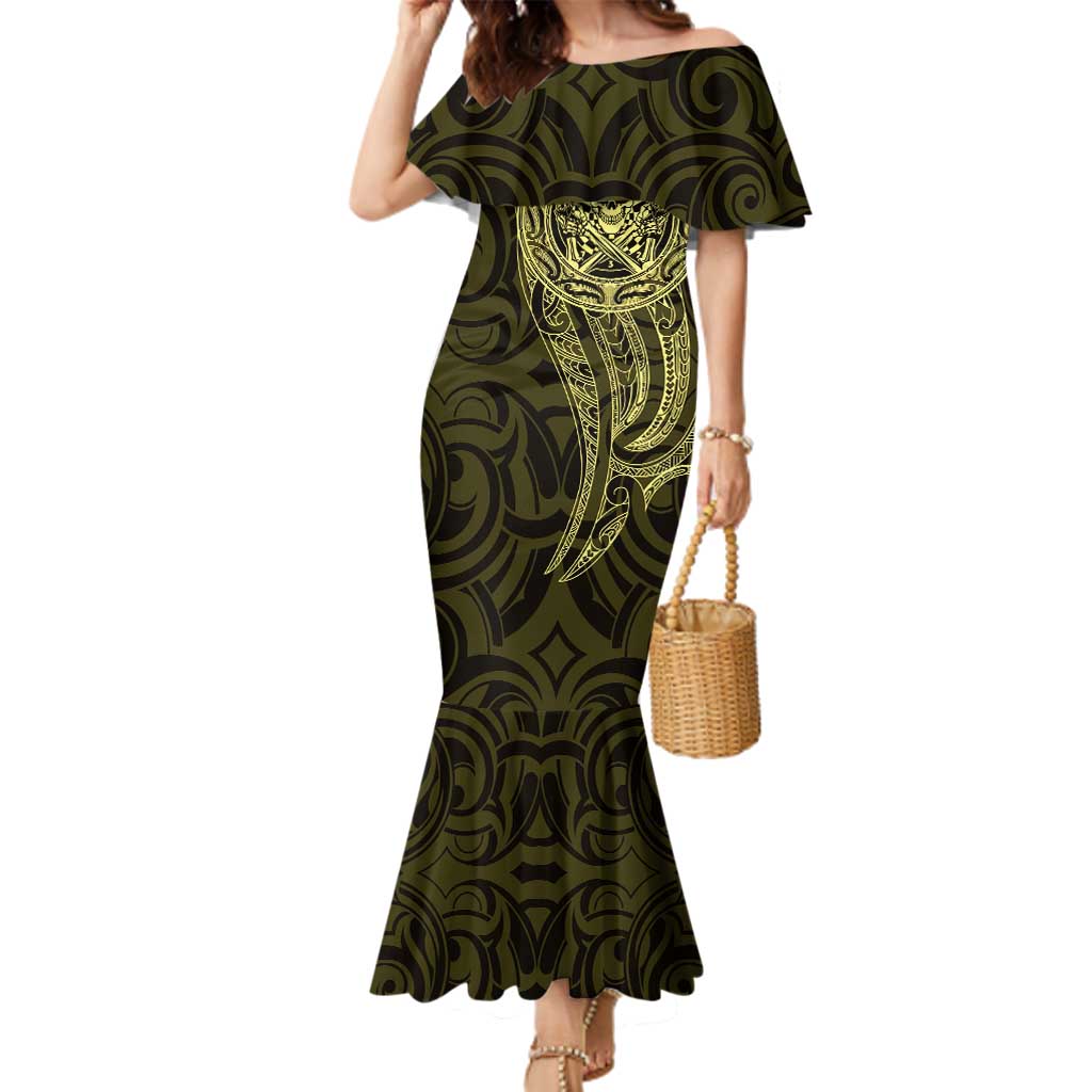 New Zealand Skull Darts Family Matching Mermaid Dress and Hawaiian Shirt Aotearoa Maori Chest Tattoo Stylized Gold - Aussie Hoodie