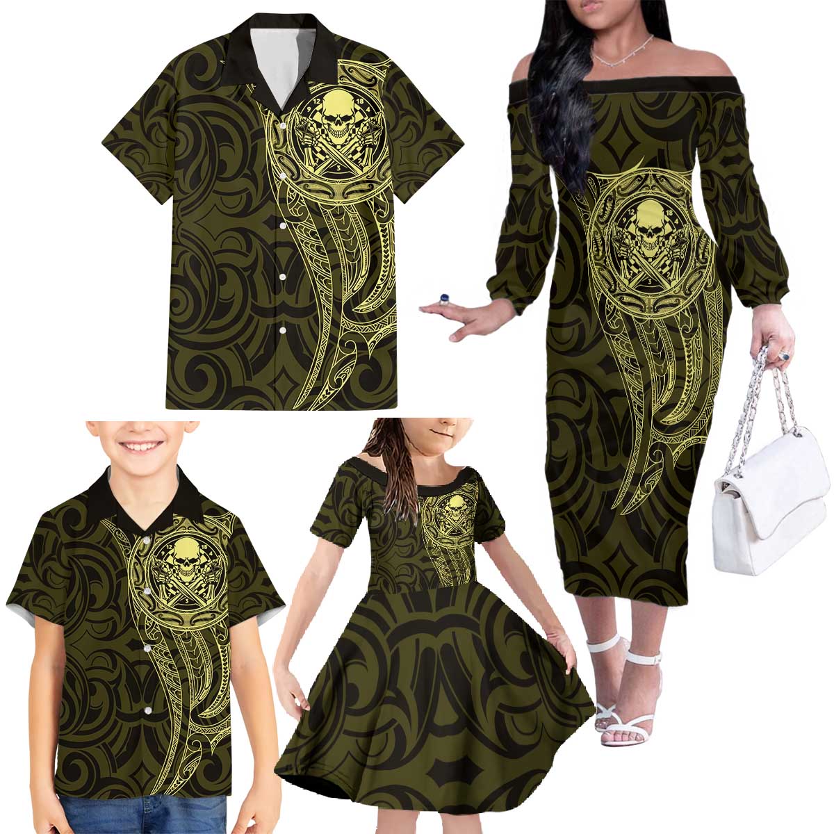 New Zealand Skull Darts Family Matching Off The Shoulder Long Sleeve Dress and Hawaiian Shirt Aotearoa Maori Chest Tattoo Stylized Gold - Aussie Hoodie