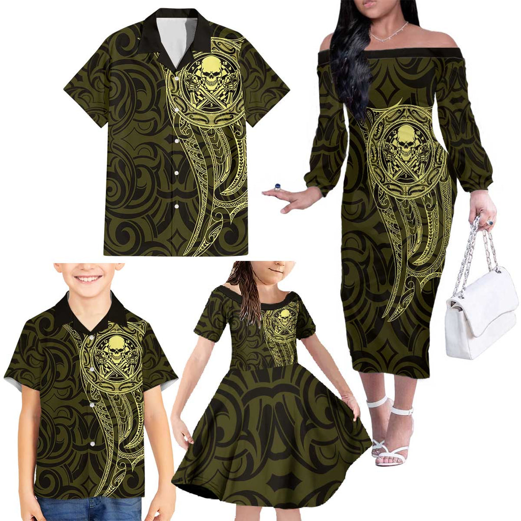 New Zealand Skull Darts Family Matching Off The Shoulder Long Sleeve Dress and Hawaiian Shirt Aotearoa Maori Chest Tattoo Stylized Gold - Aussie Hoodie