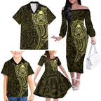 New Zealand Skull Darts Family Matching Off The Shoulder Long Sleeve Dress and Hawaiian Shirt Aotearoa Maori Chest Tattoo Stylized Gold - Aussie Hoodie