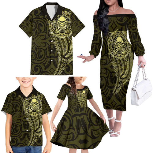 New Zealand Skull Darts Family Matching Off The Shoulder Long Sleeve Dress and Hawaiian Shirt Aotearoa Maori Chest Tattoo Stylized Gold - Aussie Hoodie